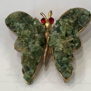 Vintage Brooch-Pendant Butterfly Gold Tone Green Natural Stone pieces Red Eyes